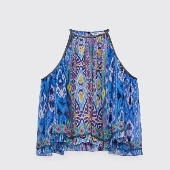 ZARA 2 Piece Set Aztec Print Short Skirt Halter Neck Top Boho Royal Blue/Multi S - Picture 9 of 16